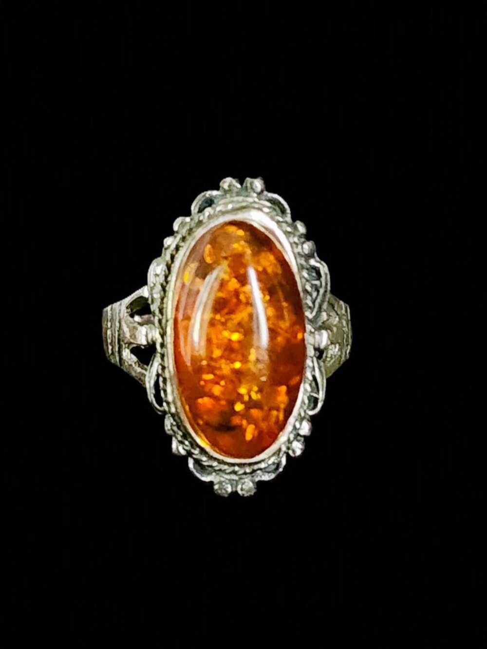 Vintage 1980s 925 Sterling Silver Baltic Amber Ornate Statement Ring Size 8 7.1g